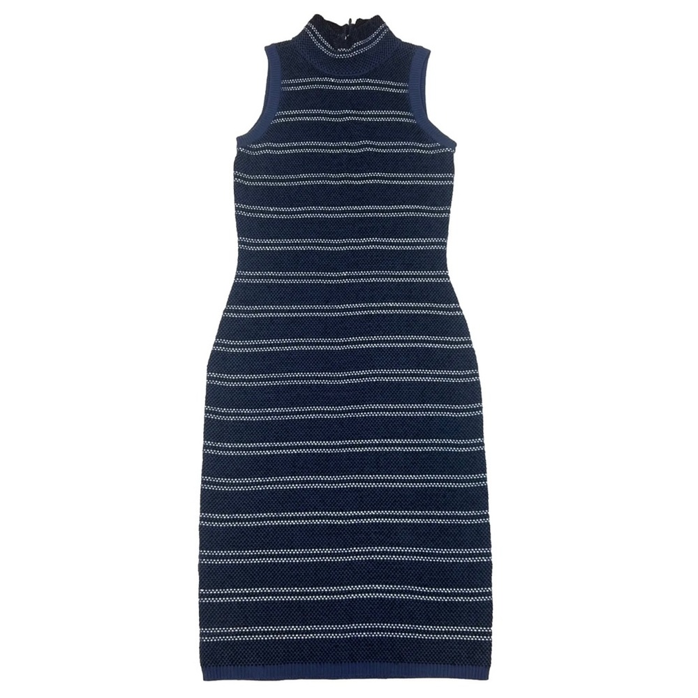 White House Black Market Sheath Dress Sz 2 Sleeveless Knit Blue White Wool Blend